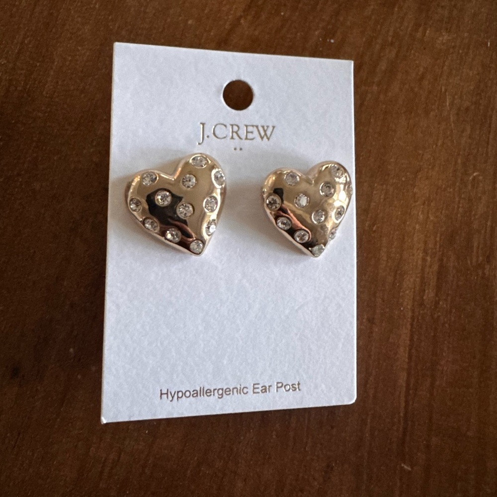J. Crew Gold Heart Earrings with Crystal Accents
